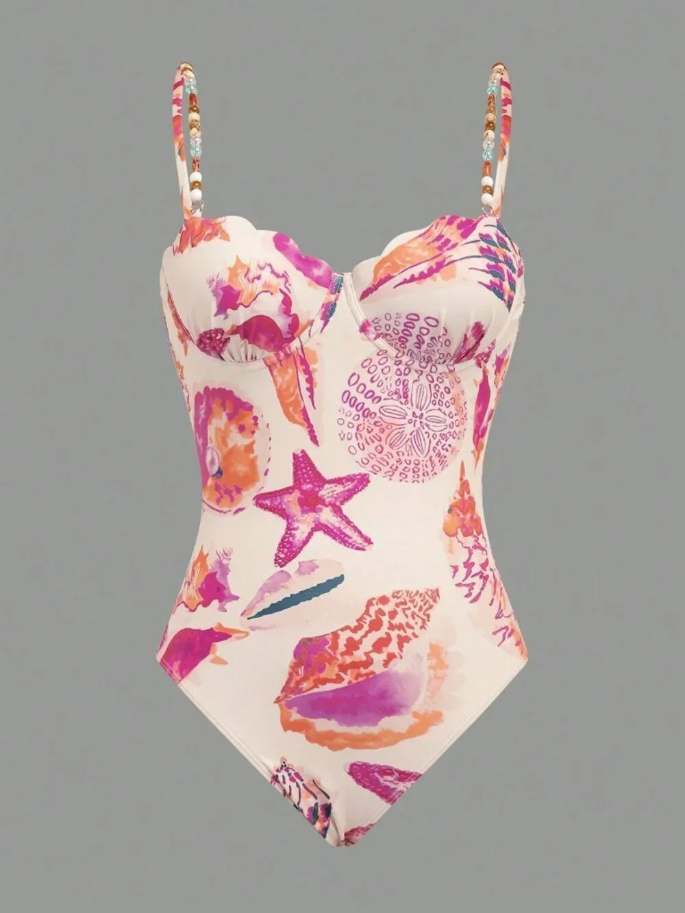 Multicolor Casual Women's sea shell Print Spaghetti Strap One-Piece Swimsuit